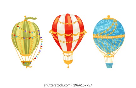 Hot Air Balloon as Light Aircraft with Envelope and Gondola Decorated with Flag Garland and Tassels Vector Set