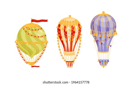 Hot Air Balloon as Light Aircraft with Envelope and Gondola Decorated with Flag Garland and Tassels Vector Set