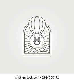 hot air balloon line art logo vector symbol illustration design, hot air balloon with ocean sunset landscape design