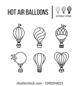 Hot air balloon line icon set. Editable stroke. Simple vector illustration.