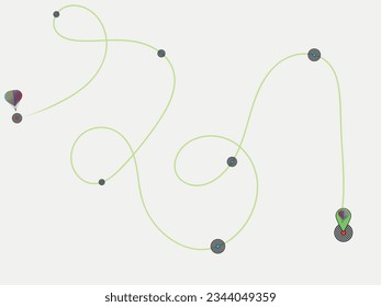 rutas de línea de globo aerostático. Ruta para un viaje en avión. itinerario de viaje desde el punto de partida. Ruta complicada del globo.