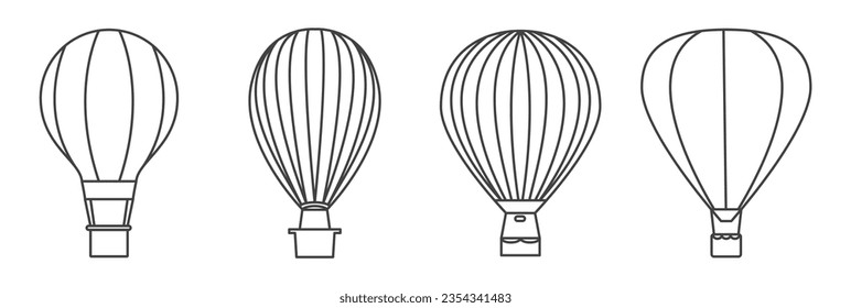 Línea de globo aerostático con canasta. Balón de Hotair Volador para Contorno de Viajes Sky y Colección de Sólidos Símbolo. Globo de aviación para viajes, globo de aire Pictogram.