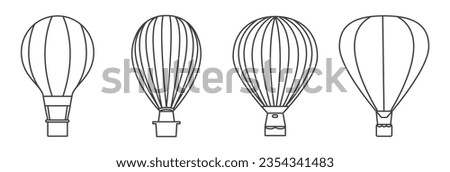 Hot Air Balloon Line Set with Basket. Flying Hotair Ballon for Sky Travel Outline and Solid Symbol Collection. Aviation Balloon for Travel, Pictogram air ballon.