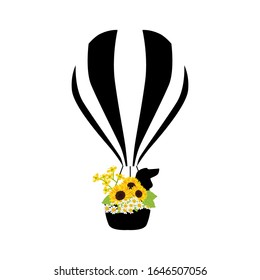 Hot Air Balloon With Little Dog And Flowers In Basket, Vector