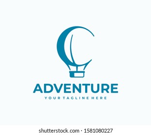 Hot air balloon logo design. AIr balloon with basket vector design. Air transport logotype