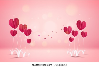 Hot air balloon with love. Invitation card Valentine's day. Paper cut red heart. Vector illustration