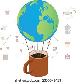 Hot air balloon made of the earth globe and a coffee mug, world coffee day concept