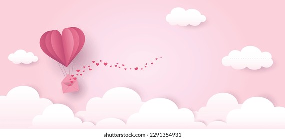 Hot air balloon made of heart origami flies above the clouds in the pink sky with love letter filled with many hearts.  Paper cut design for love, Valentine's Day, Mother's Day, wedding background.