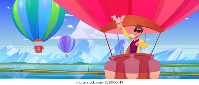 Hot air balloon with man and dove