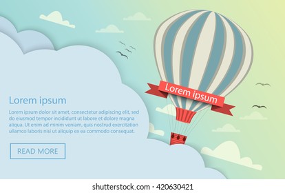 Hot air balloon with message on banner, vector illustration