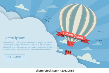 Hot air balloon with message on banner, vector illustration