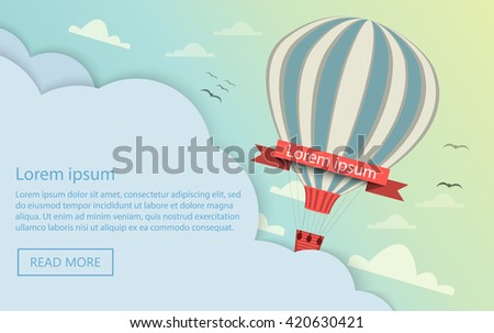 Hot air balloon with message on banner, vector illustration