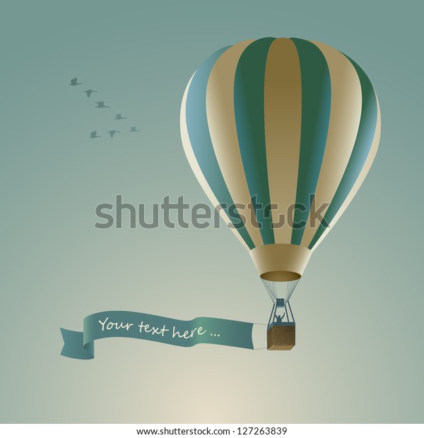 Hot air balloon with message on banner,\
vector illustration