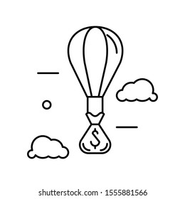 Hot air balloon and money bag with US Dollar sign illustration. Outline thin line flat illustration. Isolated on white background. 