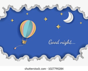 Hot air balloon and moon with stars, cloud, in at night background origami. Vector