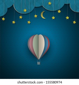 Hot air balloon and moon with stars. Vector paper-art