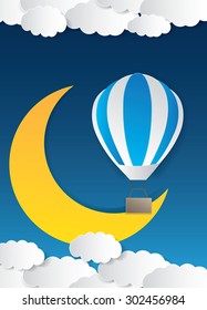 Hot air balloon and moon with stars. Vector paper-art