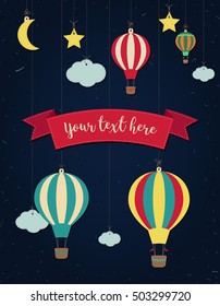 Hot air balloon and moon with stars. Vector paper-art. Vectorillustration. Background. Greeting card. Banner.