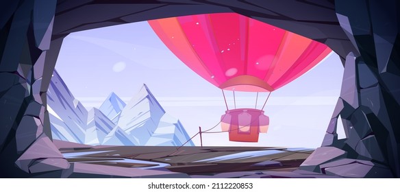 Hot air balloon moored to mountain cave entrance view from inside. Red flying ballon attached with rope to peg at dull sky background with rock peaks. Adventure game scene, Cartoon vector illustration