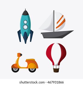 hot air balloon motorcycle sailboat rocket icon. Colorfull and flat , vector 