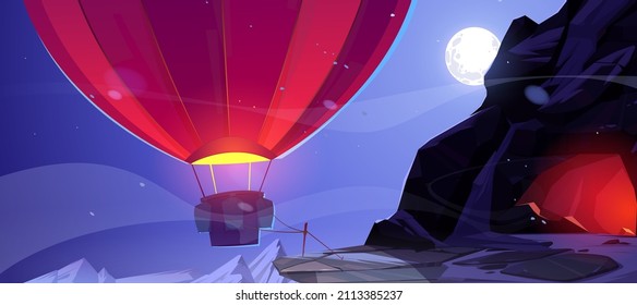 Hot air balloon at mountain cave entrance at night, view from outside. Red flying ballon attached with rope to peg at dark sky with full moon and rock peaks, game scene, Cartoon vector illustration