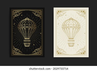 Hot Air Balloon In The Night Sky, With Engraving, Luxury, Esoteric, Boho, Spiritual, Geometric, Astrology, Magic Themes, For Tarot Reader Card. Premium Vector