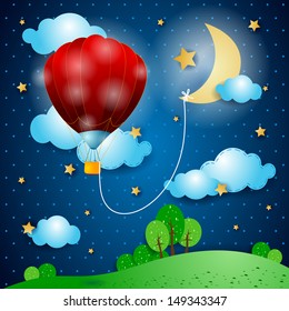 Hot air balloon on fantasy landscape, vector