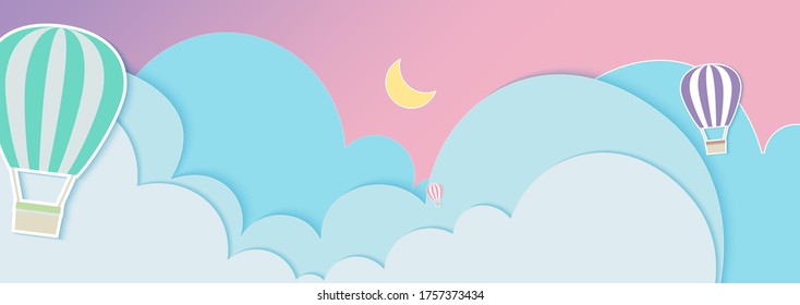 Hot air balloon on gradient sky background, abstract cloud background with drop shadow, soft pastel color, paper cut and craft style, Concepts, colors and relaxing atmosphere ,vector illustration