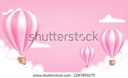 A hot air balloon on the pink background. Cute pastel children illustration perfect for a poster, invitation or card. Vector illustration template for birthday anniversaries, and baby showers.