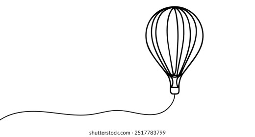 Balão de ar quente em um desenho de linha contínua. Viajar voando em aerostat no céu logotipo e conceito divisor em estilo linear simples. Traçado editável. Ilustração de vetor de rabiscar