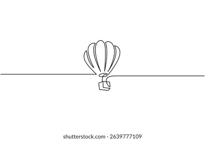 Hot Air Balloon in one continuous line drawing, Minimalist black linear design isolated on white background, concept in simple linear style. Editable stroke. Doodle vector illustration.