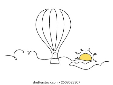 Hot Air Balloon One Line Illustration. Simple continuous line drawing of a balloon with clouds.