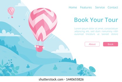 Hot air balloon online booking website template vector illustration. Landing page online travel booking concept, red hot air balloon on blue mountain landscape for travel reservation service website