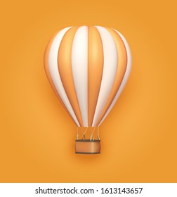 Hot air balloon orange white stripes, colorful aerostat on orange background. 3d photo realistic vector illustration