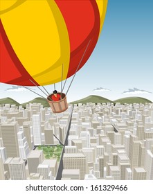 Hot air balloon over big city with buildings. Downtown. 
