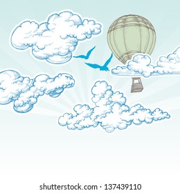 Hot air balloon over blue sky vector illustration, holiday travel concept