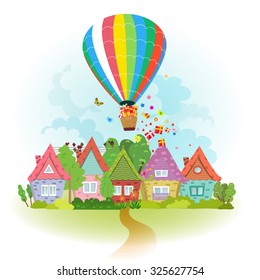 hot air balloon over the city with gifts