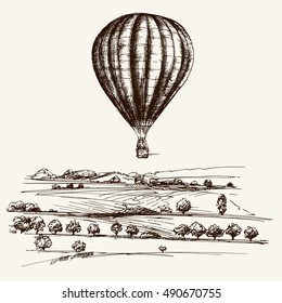 Hot air balloon over the field. Hand drawn illustration.