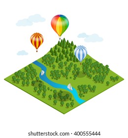 Hot air balloon over the forest and clouds. Flat 3d vector isometric illustration hot air balloons