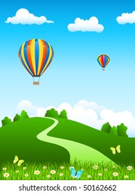 hot air balloon over green landscape - vector illustration