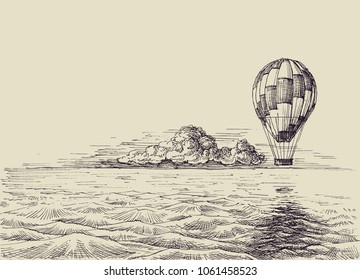 Hot air balloon over the sea. Retro style traveling hand drawn wallpaper, escape to new, unknown, exotic lands, adventure concept