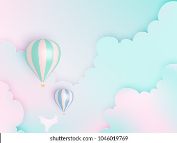 Hot air balloon paper art style with pastel sky background vector illustration