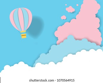 Hot air balloon paper art style with pastel cloud background,vector art and illustration