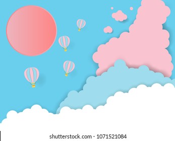 Hot air balloon paper art concept with pastel cloud background,vector art and illustration