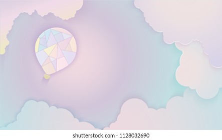 Hot air balloon paper art style with pastel sky background vector illustration