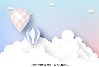 Hot air balloon paper art style with pastel sky background vector illustration