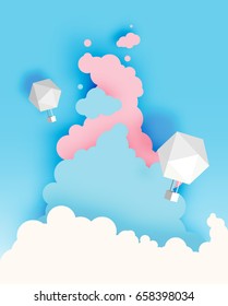 Hot air balloon paper art style with pastel sky background vector illustration