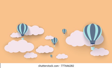 Hot air balloon paper art style with pastel sky background. Hot air balloon in the sky with clouds on background, paper style. vector. illustration.