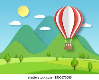 Hot air balloon paper. Origami art red flying baloon on background of mountain and trees cut vector summer craft travel design illustration