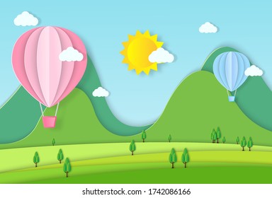 Papel de globo aerostático. Arte de originami baloon volador rojo sobre el fondo de la montaña y árboles cortados vectores artesanía de verano ilustración de viaje